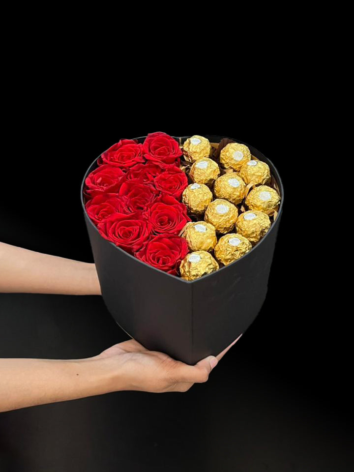 Heart Box 10 Red Rose + Fererro