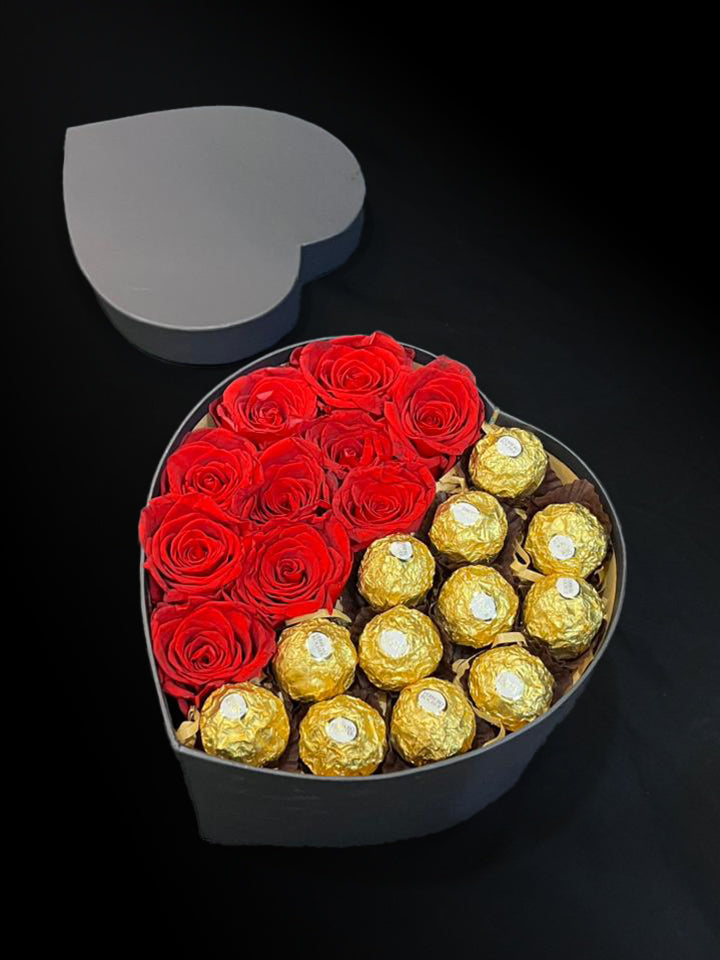 Heart Box 10 Red Rose + Fererro