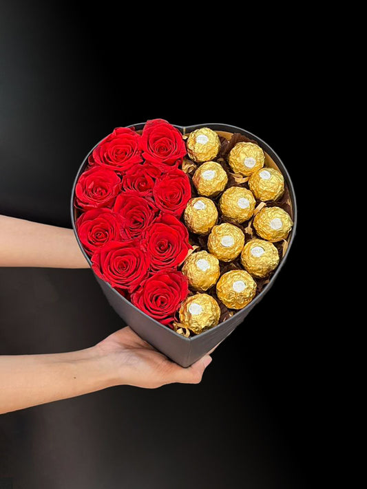Heart Box 10 Red Rose + Fererro